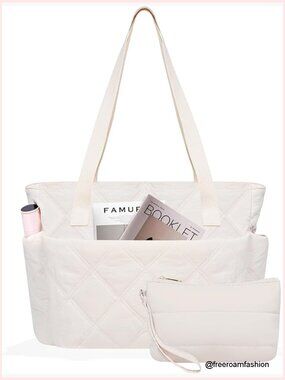 25L Quilted Puffer Tote Bag with Zipper, Lightweight Laptop Shoulder Bag